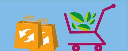 Symbole: Einkaufstaschen mit Recyclingzeichen, Einkaufswagen mit Blättern  - Link auf: Einkaufen